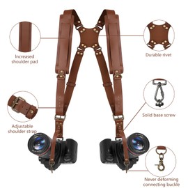 FROMSIJOE Dual Camera Harness,Leather Camera Shoulder Strap for 2 Cameras,Dual Camera Strap for DSLR/SLR,Dual Shoulder Leather Camera Strap,Double Camera Strap Harness for Men&Women,Brown