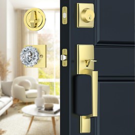 Satin Brass Front Door Handle and Deadbolt Set, Front Door Lock Set with Crystal Glass Door Knob, Exterior Door Lock Set with Single Cylinder, Reversible for Right & Left, Gold