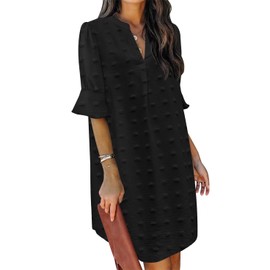 QACOHU Womens Spring Summer Short Sleeve V Neck Mini Dress Chiffon Swiss Dot Flowy Short Dress Black L