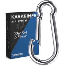 GARSIDURO® Stainless Steel Carabiner Set of 10, 7 x 70 mm, DIN 5299, Rustproof, Fire Brigade Carabiner with Snap Closure, Suitable as Key Ring or Heavy Duty