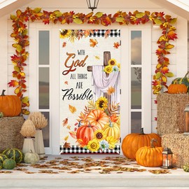 Wollmix With God All Things are Possible Fall Sign Front Door Cover Decorations Banner with Maple Leaves and Pumpkin - Autumn Harvest Festival Porch Decor for Outside, Easy Hanging 72.8 x 35.4 Inches