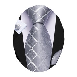 Barry.Wang Designer Classic Ties for Men Set Formal Pocket Square Cufflink Check Plaid, Grey Pliad, One Size