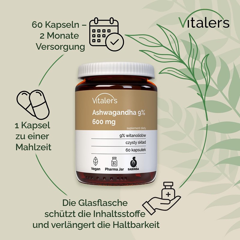 Vitaler's Ashwagandha 9% Extract 600 mg - 60 Capsules, Vegan,