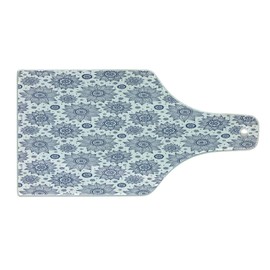 Ambesonne Floral Cutting Board, Nature Themed Fine Refined Sunflower Motifs and Little Ornamental Motifs, Decorative Tempered Glass Cutting and Serving Board, Wine Bottle Shape, White Dark Sky Blue