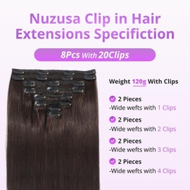 Nuzusa Clip in Hair Extensions Real Human Hair,100% Seamless Invisible Remy Human Hair Silky Straight,Clip Extensions for Women, 8pcs Per Set with Double Weft,2 Dark Brown,24inch 120g/4.2oz