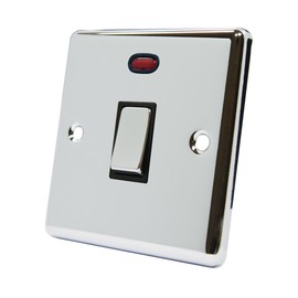 AET CPC20ASWIBC Polished Chrome Classical 20A DP Black Insert Metal Rocker Switch-20 Amp Double Pole Switch w/Neon Indicator