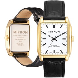 Miykon Vintage Watches for Men - Tank Square Gold Analog Watch with Black Genuine Leather Wrist Strap for Classic Dress - Ion Polished, Scratch Resistant Glass, Japanese Quartz, Waterproof to 100ft