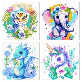 NAIMOER Framed Paint by Numbers for Kids, 4Pack Animals Paint by Numbers Canvas for Kids Adults, Kids' Paint by Number Kits, DIY Acrylic Cartoon Oil Painting with Wooden Easel & Velcro (8x8inch)