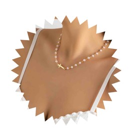 Inilbran Boho Pearl Choker Necklace Gold Pearl Necklace Choker Vintage Cross Crucifix Necklace Minimalist Pearl Cross Necklace Jewelry for Women and Girls