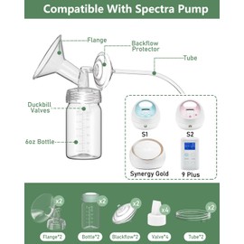 Breast Pump Parts Compatible with Spectra S1/S2/9 Plus/Synergy Gold, Full Set Replacement Parts for Spectra Include 14mm Flange, Duckbill Valve, Backflow Protector, Tubing, Bottle, Not Original Parts