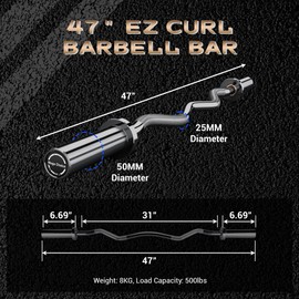 GarveeLife Olympic EZ Curl Barbell Bar, 47" EZ Curl Bar for Weight Lifting, Biceps, triceps, Back/Leg Muscle Group exercise,Chrome Curling Bar Fit 2” Standard Weights - 2 Spring Collars(500lb Weight Capacity)