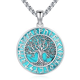 Viking Necklace Real Turquoise Jewelry for Women Men - 925 Sterling Silver Pendant Yggdrasil Tree of Life Nordic Runes Statement Genuine Turquoise Stone Gifts for Her Him Mom Wife Anniversary Birthday