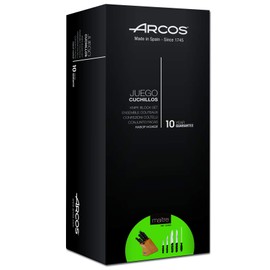 ARCOS Series Maitre, Set 5 Pieces (4 Knives + 1 Knife Sharpener), Blade Nitrum Stainless Steel, Handle Polypropylene, Wooden Block, 6 inch, Black