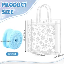Kolldenn 48 Pcs Snowflakes Clear PVC Gift Bags with Handle Ribbon Reusable Christmas Goodies Treats Totes Bulk for Xmas Winter Holiday Party Supplies, 5.9x6.3x2.8 Inch