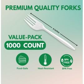 D&A 1000 Count Plastic Forks Medium Weight Disposable Bulk Cutlery Utensils for Takeout, Meal Prep, Parties (10 Packs of 100)