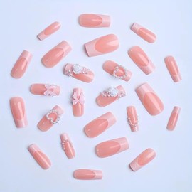 French Tip Nails - White Press On Nails With 3D Love Pearl - Acrylic Fake Nails Pink Bow Nails Press On - Glossy Square Cute Stick on Nails with Glue - Full Cover False Nails for Women Manicure 24PCS