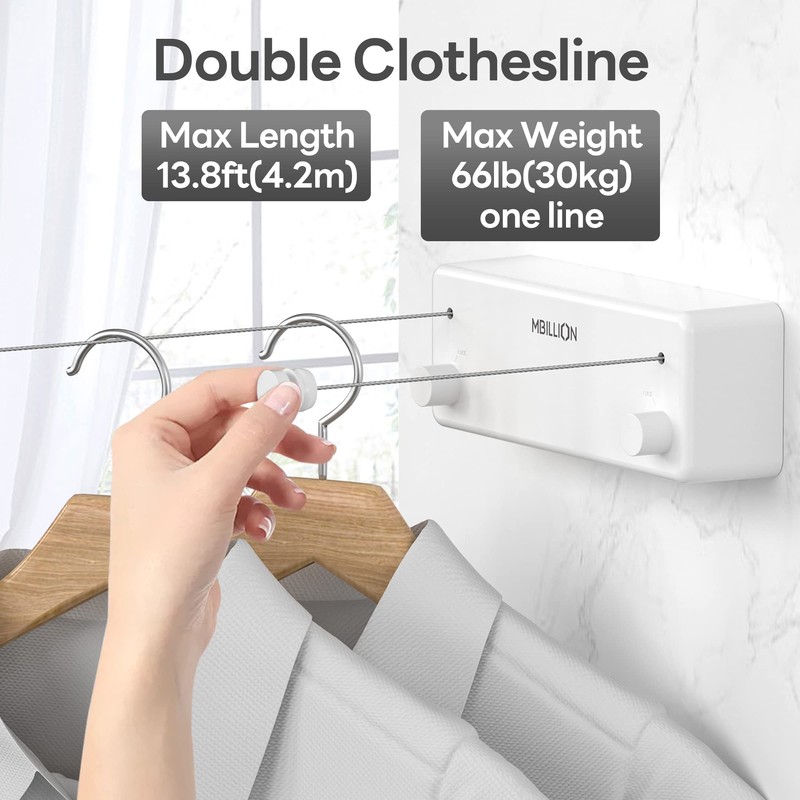 Mbillion Retractable Clothesline 13.8 Ft Stainless Steel Double Clothes line