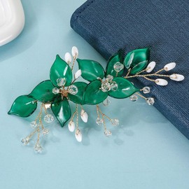 Vintage Flower Hair Clips, Decorative Crystal Hair Clips French Pearl Barrettes, Wedding Hair Pins Rhinestones Hair Accessories for Women Girls Bride Bridesmaid (Green)