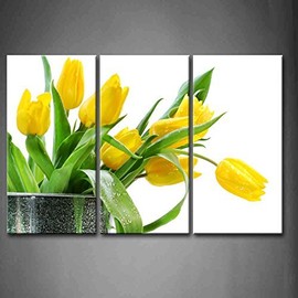 First Wall Art - 3 Panel Wall Art Green Spring Flowers Yellow Tulip Painting Pictures Print On Canvas Flower The Picture for Home Modern Decoration Piece (Stretched by Wooden Frame,Ready to Hang)