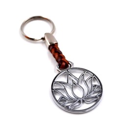 Claro Schmuck Key Ring Metal Thickness 2 mm Faux Leather Cord Total Length Approx. 9 cm - 11 cm, lotus flower