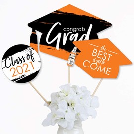 Big Dot of Happiness Orange Grad - Best is Yet to Come - 2021 Orange Graduation Party Centerpiece Sticks - Table Toppers - Set of 15