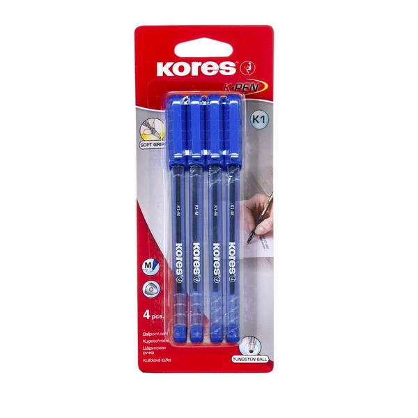 Kores - K1: Blue Ballpoint Pens, 1 mm Medium Point Biro with Smudge-Proof Ink for Smooth Writing, Triangular Ergonomic Shape, School and Office Supplies, Pack of 4