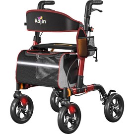 Walkers for Seniors, Rollator Walker with Seat, 350 lb Weight Capacity, 18" Big Seat, 8" All-Terrain Wheels, 6-Level Adjustable Height, Lightweight Aluminum Frame Rollator Walkers for Seniors (Red)