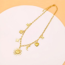 We We Chunky Antique Gold Plated Chain Charm Necklace for women Vintage Sun Stars Hearts Sea shell Starfish Beachy Boho Layers Charms Necklaces (Sun Moon Star Heart 4)