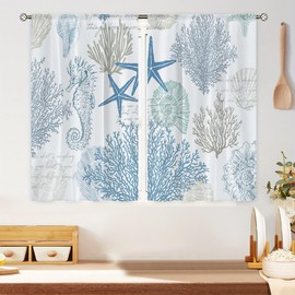Visioun Coastal Starfish Nautical Beach Kitchen Curtains Ocean Sea Blue Coral Seashell Small Short Cafe Window Curtain Seahorse Sealife Aesthetic Rod Pocket Tier Window Treatment Drapes (27.5x39 Inch)