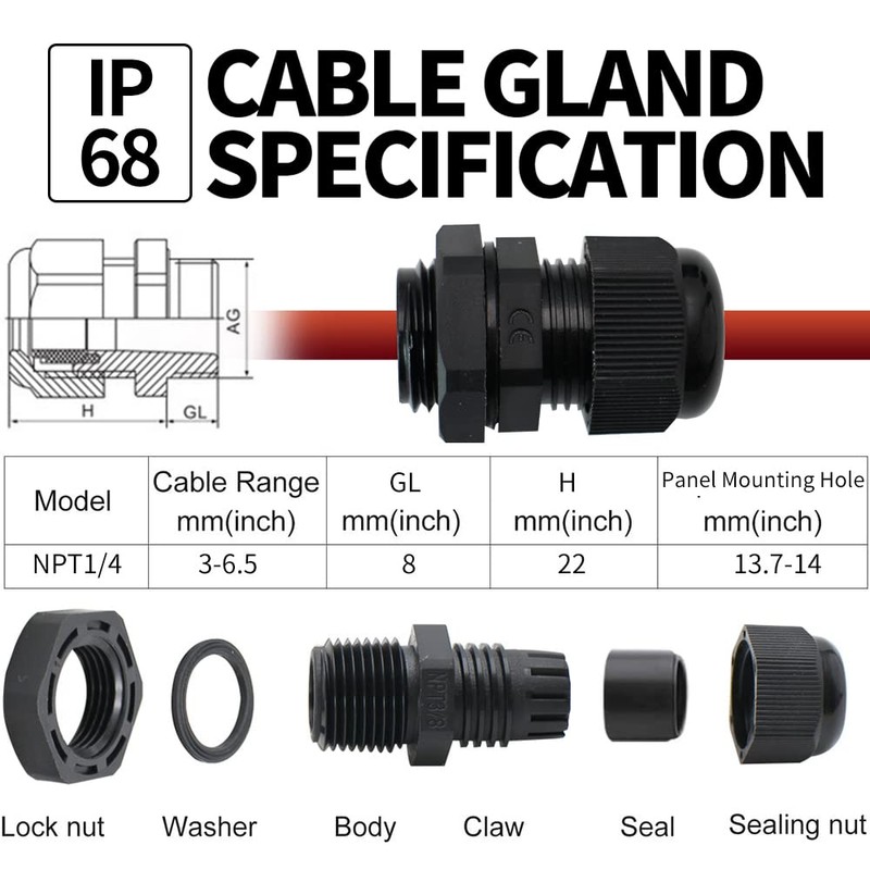 NPT Cable Glands Joints 1/4” Electrical Strain Relief Cord Connector