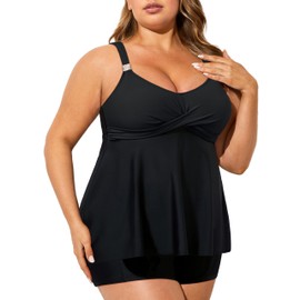 RXRXCOCO Plus Size Tankini Swimsuits for Women Tummy Control Bathing Suits Two Piece Flowy Tankini with Shorts Black 18 Plus