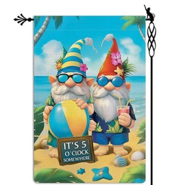 It's 5 O'clock Somewhere Garden Flag Funny Gnome Garden Flag Sunshine Ocean Vertical Double Sided Rustic Farmland Burlap Yard Lawn Outdoor Decor 12.5x18"