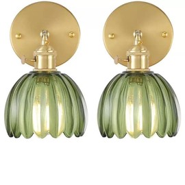 Set of 2 Wall Sconces for Bathroom, Modern Vanity Light Fixtures, Gold Wall Mount Lighting Lanterns, Farmhouse Wall Lights with Green Glass Shade for Bedroom Living Room Mirror Hallway Kitchen