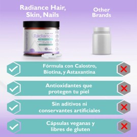 Radiance Suplemento para Uñas, Cabello y Piel - 2 meses - con Colágeno, Biotina, Ácido Hialurónico, Colostro, Omega 3, Vitamina E y Astaxantina - Nutrición para Belleza y Salud