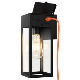 OYKYOHEI Porch Lights Outdoor Wall Sconce, Outdoor Light with GFCI Outlet, Waterproof Exterior Wall Lantern Light Fixtures, Anti-Rust Wall Lamp with Clear Glass for Patio Doorway Garage- Black, 1 Pack