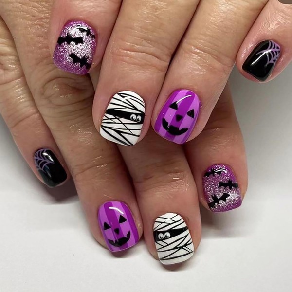 24Pcs Halloween Press on Nails Square Short Fake Nails with