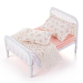 Dollhouse Bed,1:12 Pastoral Style Dollhouse Bedroom Furniture, White Rattan Bed with lace Bedding and Pillow,DIY Furniture Accessories for Dollhouse Decoration (White)