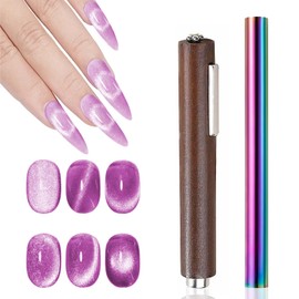 JERCLITY 2 Pieces Cat Eye Magnet for Nails Wooden Handle 3 in 1 Cylindrical Nail Art Magnet Aurora Color Double-Ended Cylindrical Powerful Nail Art Magnet for Cat Eye Gel Polish Nail Art