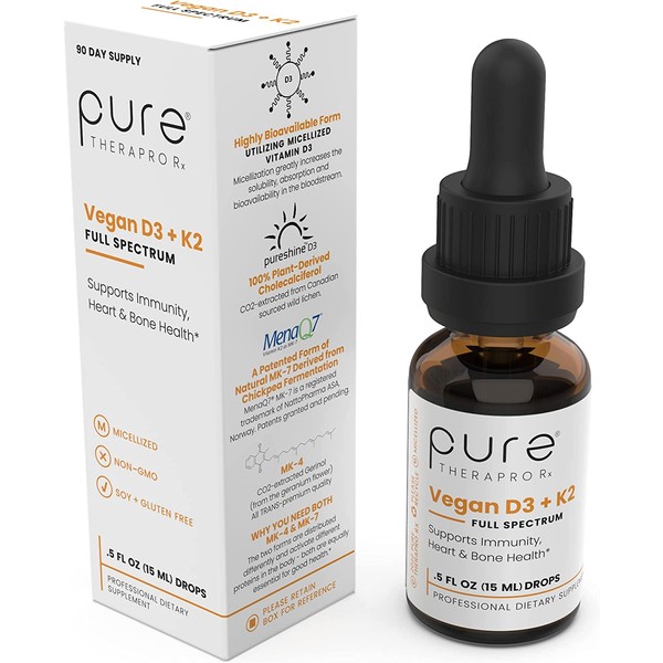 Pure Therapro Rx Vegan D3 + K2 Organic Full Spectrum Liquid for Maximum Absorpti