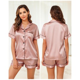 Lovasy Satin Pyjamas Women's Short Sleeve Pyjamas Set with Buttons Silk Sleepwear V-Neck Two Piece Pjs Sets Leisure Suit, Deep Pink