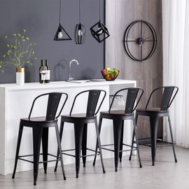 HAOBO Home 24" High Back Barstools Metal Stool with Wooden Seat [Set of 4] Counter Height Bar Stools, Matte Black