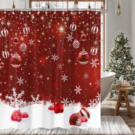 PAOPOED Christmas Shower Curtain, Red Christmas Snowflakes Merry Xmas Glitter Sparkle Bokeh Winter New Year Holiday for Bathroom Decor, Waterproof Fabric Polyester with Hooks 72x72 Inch