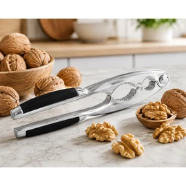 Stainless Steel Nutcracker Tool Made of Die-Cast Zinc for Nuts & Shellfish – Dual-Size Grooved Jaws with Non-Slip Handles for Kitchen & Snacking - Walnut Cracker, Hazelnut Cracker, Nut Tongs Suitable for Nuts, Walnuts, Hazelnuts, Silver
