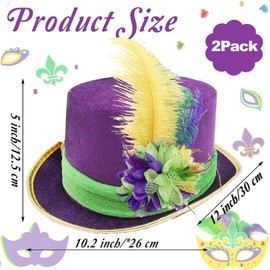 Bdecoll 2 Pack Mardi Gras Costume Hats with Purple Green Feathers, Venetian Masquerade Mardi Gras Hat for Masquerade Party, Carnival