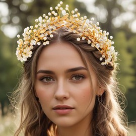 Zoestar Wedding Tiara Crowns Gold Leaf Crowns Headband Pearls Princess Tiaras Headpiece Bridal Headpiece for Women and Girls, Alloy