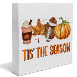 Fall Football Decor, Tis' the Season Farmhouse Fall Decor, Autumn Harvest Thanksgiving Wood Box Sign for 5 x 5 Inches