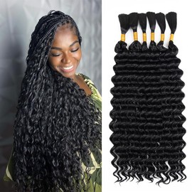 Braiding Hair for Boho Braids 200g 26 Inch No Weft Deep Wave Bulk，Bohemian Style for Braid Wet and Wavy Boho Hair for Braids 26 Inch (#1B,200g/ 6 bundles)
