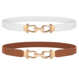 LEACOOLKEY 2 Pieces Women Skinny Elastic Belt for Dresses,Thin Retro Stretch Waist Belt with Golden Buckle （White+Brown，Fits waist size 34"-39"）