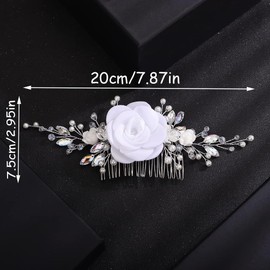 BERYUAN White Rose Flower Wedding Hair Comb Ab Color Rhinestone Pearls Wedding Hair Side Comb Handmade Rose Flower Bridal Headpiece for Women Girls (white)