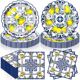 Funnymoom 96 Pieces Capri Lemon Tableware Set for 48 Guests Include 48 Pcs 7 Inch Dessert Plates and 48 Pcs Napkins Watercolor Disposable Dinnerware for Summer Birthday Holiday Tea Party Supplies